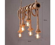 Lustre Rétro Hemp Corde Suspension Lampe suspension industrielle vintage à 5 ampoules Edison Light Corde chanvre et bambou suspension Leuchten Table Fur Salon Salle à manger lampe de cuisine Bar (Ampoules non incluses)