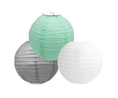 Lot de 3 lanternes rondes en papier pour décoration de fête Lot multicolore, Métal, Abat-jour gris menthe., 14 (35 Cm)
