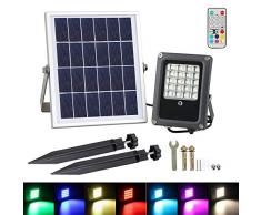 T-SUN LED Solaire Projecteur Extérieur-20 LED 7 Couleurs Lampes Solaires Extérieur avec Télécommande, Eclairage Solaire de Jardin avec Panneau Solaire 180° pour Patio, Chemin, Cour, Accueil