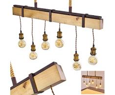 Suspension Rimfosa en bois, métal et cordes, 6 lampes pendantes à hauteur réglable, luminaire vintage idéal au dessus dune table de salle à manger, pour 6 ampoules E27 max 60 Watt, compatible LED