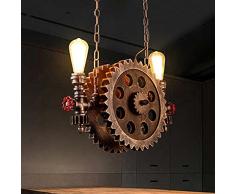 Gweat Lustre industriel rétro 2 lumières lumière de pendentif de restaurant de barre de café de couloir couleur bronze Grand plafonnier de roue de vitesse en bois lampe de tuyau deau E27 110V ~ 240V