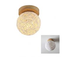 Plafonnier moderne boule ronde en rotin, boule de chanvre réfléchissante avec base en bois massif, culot E27 luminaire intérieur pour étude, porche, café, bar, Bois dense, blanc, 15 cm