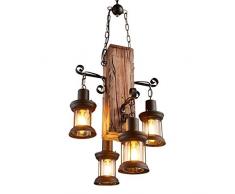 Lampe à Suspension Vintage, Loft Industriel Lustre Créative Salon Lustre En Bois Et Métal Hauteur ajustable E27 * 4 En Bois Massif Éclairage Restaurant Chambre Lustre (45cm * 100cm)