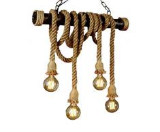 JIAODIE Ancien Corde De Chanvre Lustres Rétro Suspensions Bambou Lampe Lumière Loft 4 Head Bois Massif Chanvre Corde Lustre Restaurants Cafés Créatifs Décorations E27 [Classe Énergétique A+]
