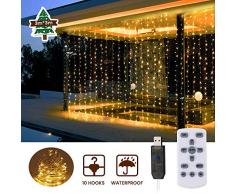 3Mx3M Rideau Lumineux, SOLMORE Guirlande Lumineuse 300 LEDs avec Télécommande, Timer Fonction, 8 Modes Dimmable, Fairy Lights Alimenté par USB pour Mariage, Chambre, Fenêtre, Jardin(Blanche Chaude)