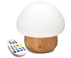 Veilleuse pour bébés Neeny - Lampe de table de nuit pour bébés, 16 couleurs, télécommande, lampe en forme de champignon et USB en silicone et support en bois, luminosité et couleurs RGB ajustable
