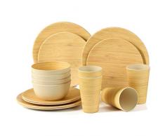 LEKOCH 16 Pièces Ensemble Vaisselle Bambou avec Plat à Salade, Plat à Dîner, Bol à Salade/Dessert et Tasse pour 4 Personne, Camping/Pique-Nique/BBQ/Party (Bambou)