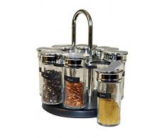 S&D Saveur et Dégustation KM4085 Carrousel à épices Distributeur rond rotatif 8 pots Noir gris et transparent Plastique et verre Couvercles double clapets D19 x H20,5 cm