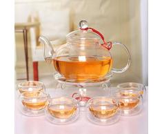 Beddingleer Ensemble de théière en verre élégant résistant à la chaleur Infuse Théière + Cuisinière + 6 Gobelets de thé Double Wall 600 ml