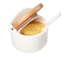 77L Bol à Sucre, 250 ML (8.52 FL OZ), sucrier avec cuillère à sucre en verre de et couvercle en bambou pour la maison et de cuisine Design Moderne, Blanc,Servir pour le sucre, le sel,et plus