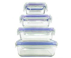 Home Fleek - Boite Alimentaire en Verre | 4 Récipients + 4 Couvercles | Hermétique | sans BPA (Lot de 4, Bleu Rectangulaire)