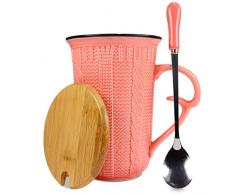 Urhome® Mug en Look Tricot avec Couvercle en Bois et cuillère pour lhiver | Tasse à café Tasse de vin Chaud de Tasse de thé Rose Pâle