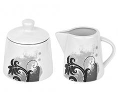 Van Well Pot à lait et sucrier en porcelaine blanche Motif floral noir