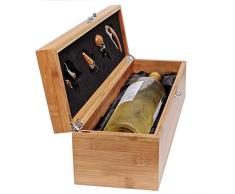 Coffret Cadeau Vin, Accessoires Sommelier, Cadeau Original Boite pour Vin avec Tire-Bouchons, Bec verseur, Bouchon et Coupe Capsule, Coffret en Bambou par Case Elegance