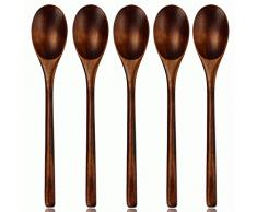 AOOSY Cuillère en Bois, Ustensile de Cuisine de Style Japonais à Long Manche 5 Cuillères à Soupe en Bois de Nanmu pour Manger en Mélangeant en Remuant La Cuisson avec La Boîte