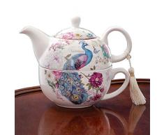 Bits and Pieces - Théière en porcelaine de paon et ensemble de tasse - Élégant Motif paon avec poignée Théière délicate Tassel sur une excellente Décoration - Comprend le Coffret cadeau décoratif
