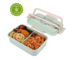 HALOVIE Lunch Box 1L Boîte Bento Box 3 Compartiments avec Couvert Boîte Repas Anti-Fuite Hermétique Écologique Blé Naturel sans BPA pour Enfant Adulte Passe aux Micro-Ondes et Lave-Vaisselle, Vert