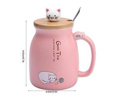 TOPINCN Tasse en Céramique Belle Chat Solide avec Cuillère Et Couvercle en Bois Café Eau Tasse À Lait pour Drinkware Cadeau Bureau Maison 1Pc(Rose)