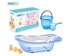 Babyjem Set de bain pour bébé et nouveau-né, 5 pièces, Baignoire avec vidange, Seau deau, Citerne, Eponge de bain, Bleu