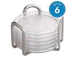 iDesign sous verre élégant en lot, dessous de verre pratique en plastique et acier, sous bock en lot de 6 avec rangement, transparent et argenté