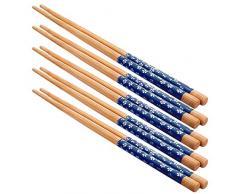 5 paires japonaise Imprimé floral réutilisables Lot de baguettes de bambou naturel valeur Cadeau bleu marine