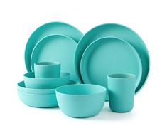 LEKOCH 10 Pièces Ensemble Vaisselle Bambou Bleue avec Plat à Salade, Plat à Dîner, Bol à Salade/Dessert et Tasse pour 2 Personne, Camping/Pique-Nique/BBQ/Party (2)
