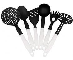 Lantelme Ensemble de 6 accessoires de cuisine en plastique résistant jusquà 260° : spatule, cuillère à spaghettis, pilon, louche, écumoire, cuillère pommes de terres - Blanc/Noir