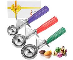 CHEE MONG Ice Cream pelles, Cookie Cuillère à Melon avec déclencheur pour Fruits, crème glacée en Acier Inoxydable Cuillère Scoopers- Cadeau élégant Package (Green Red Purple)