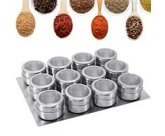 GoMaihe Pot Epices Cuisines Lot de 12, Pots à Épices Magnétique en Acier Inoxydable Boîtes à Épices Réservoir Assaisonnement Ensemble avec Autocollant et Stylo pour Sel Poivre Herbes, Argent 4x6.5cm