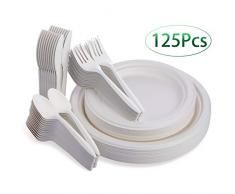 Fuyit 125Pcs Assiette Jetable, Super Robustes Vaisselle Jetable Ecologique Comprend en 100% Biodégradables Assiettes, Fourchettes, Couteaux et Cuillères pour La Fête, Le Camping et Les Pique-Niques