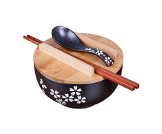 Vaisselle de cuisine japonaise coréenne vintage bol nouilles bol de riz style japonais bol de nouilles instantanées en céramique noire Baguettes avec couvercle et cuillère ( Size : 16cm(6.25 inches) )