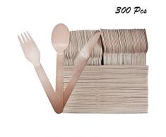 300 Pcs Couverts en Bois - Fourchettes (100), Cuillères (100) et Couteaux (100) - Alternative au Plastique - Couvert Écologiques - Couvert pour Fêtes, Mariages, Diners, Pique-Niques, Voyage