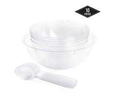 10 Pièces Ensemble de Saladier en Plastique - 1x 5100ml, 2X 3500ml, 3X 3000ml & 4X 1500ml Bols avec 10 Cuillères de Service - Robuste & Solide - Jetable & Réutilisable| Salades Pâtes Légumes Fêtes.