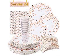 VAINECHAY 146pcs Lot Vaisselle Jetable Anniversaire Or Rose Assiette Dîner Tasse Serviette Papier Paille pour Party Fête Mariages Baby Shower Noël