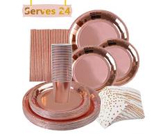 VAINECHAY 146pcs Kit Vaisselle Jetable Anniversaire Or Rose Assiette Dîner Tasse Serviette Papier Paille pour Party Fête Mariages Baby Shower Noël