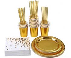 VAINECHAY 146pcs Kit Vaisselle Jetable Anniversaire Or Assiette Dîner Tasse Serviette Papier Paille pour Party Fête Mariages Baby Shower Noël