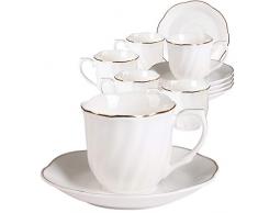 GuangYang Tasses à Café et Soucoupes en Porcelaine Anglaise - 220ml/7oz Blanche Service à Café Fine et Résistant Bord dor et Rétro Sergé de Tasse à Thé