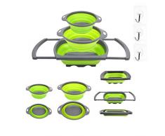 RAIN QUEEN Passoire Rétractable Passoire Pliable à Poser au-Dessus du Lavabo 3Pcs Silicone pour Fruits et Légumes, Passoire avec Poignées Extensibles et 3pcs Crochets Transparent Adhésif