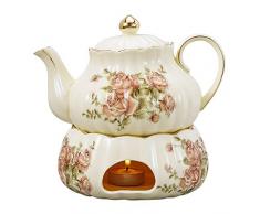 Panbado 850ml Théière avec Réchaud Support Pichet Cafetière en Porcelaine Ivoire Service à Café Rétro Thé dAprès-midi