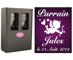 2 Flûtes à Champagne Gravées Modèle Ange avec Boîte Cadeau - Cadeau Parrain ou Marraine – Verre de Baptême Communion – Coupe de Champagne personnalisée (Demande Annonce naisance)