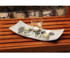 Kamaca Home Lot de 2 photophores décoratifs en bois massif Blanc/gris Avec plateau en verre et jolie décoration avec fleurs et ardoise gris anthracite