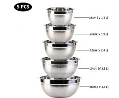 KATELUO 5 Pièces Bol à Mélanger en Acier Inoxydable, saladier inox,bol inox,La taille(1.4L,1.9L,2.4L,3.3L,4.5L) comme bol de service pour crèmes, snacks, chips et autres friandises.