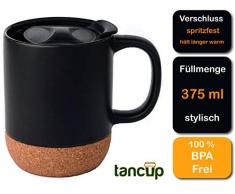 Tasse en céramique noire de 375 ml - Tasse à café avec couvercle pour protection contre les éclaboussures et fond en liège isolé pour plus de chaleur - Tasse à café ou thé