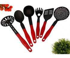 Lantelme 4789 6 Pièces-ustensiles de cuisine en plastique noir/rouge résistant à la chaleur jusquà 260°c avec spatule cuillère à spaghetti et une cuillère de service-purée louche ecumoire. passe au lave-vaisselle