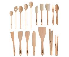 Uulki® Ensemble dUstensiles de Cuisine Écologiques en Bois 17 pièces – en Hêtre Non Traité deurope (cuillères, retourneurs, spatules, Pinces Cuisine BBQ, Couverts à Salade, retourneur de crêpe)