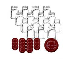 gouveo Lot de 15 bocaux de confiture carrés vides 150 ml avec Couvercles à motif différents designs, bocaux de conserve, pots de confiture, pots de conserve, bocaux Fabriqué en rouge avec lamour II.