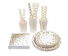 VAINECHAY 146pcs Lot Vaisselle Jetable Anniversaire Or Assiette Dîner Tasse Serviette Papier Paille pour Party Fête Mariages Baby Shower Noël, 24 Invites