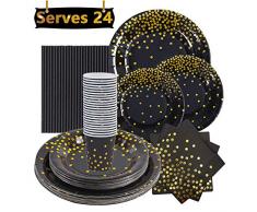 VAINECHAY 146pcs Lot Vaisselle Jetable Anniversaire Assiette Dîner Tasse Serviette Papier Paille pour Party Fête Mariages Baby Shower Noël, Noir