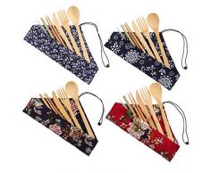 Hellomagic Lot de 4 ustensiles de voyage en bambou réutilisables avec fourchette, couteau, cuillère, baguettes, brosse de nettoyage pour pique-nique