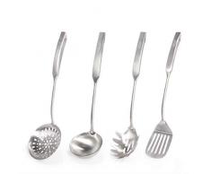 Newness 4 Pièces Ustensiles de Cuisine en 304 inox, Spatule, Écumoire, Louche, Cuillère à Spaghettis